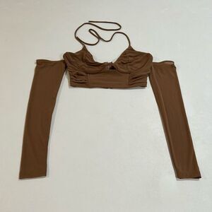White Fox Brown Off Shoulder Corset Crop Top Size M Long Sleeve Bustier